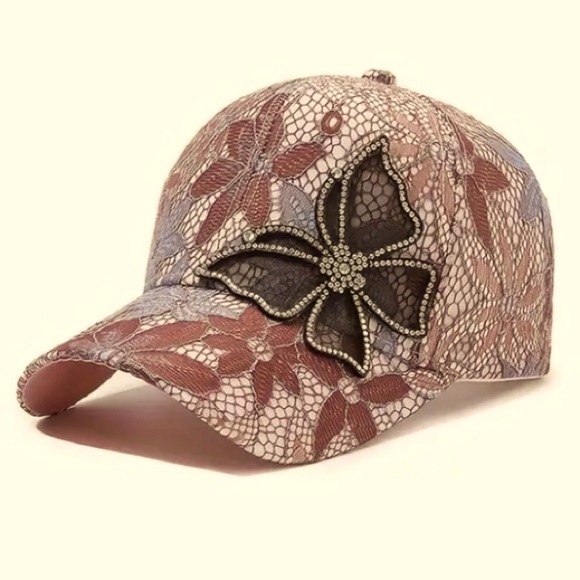 Butterfly on Pinkish Brown & Blue Lace Baseball Cap - Picture 4 of 9